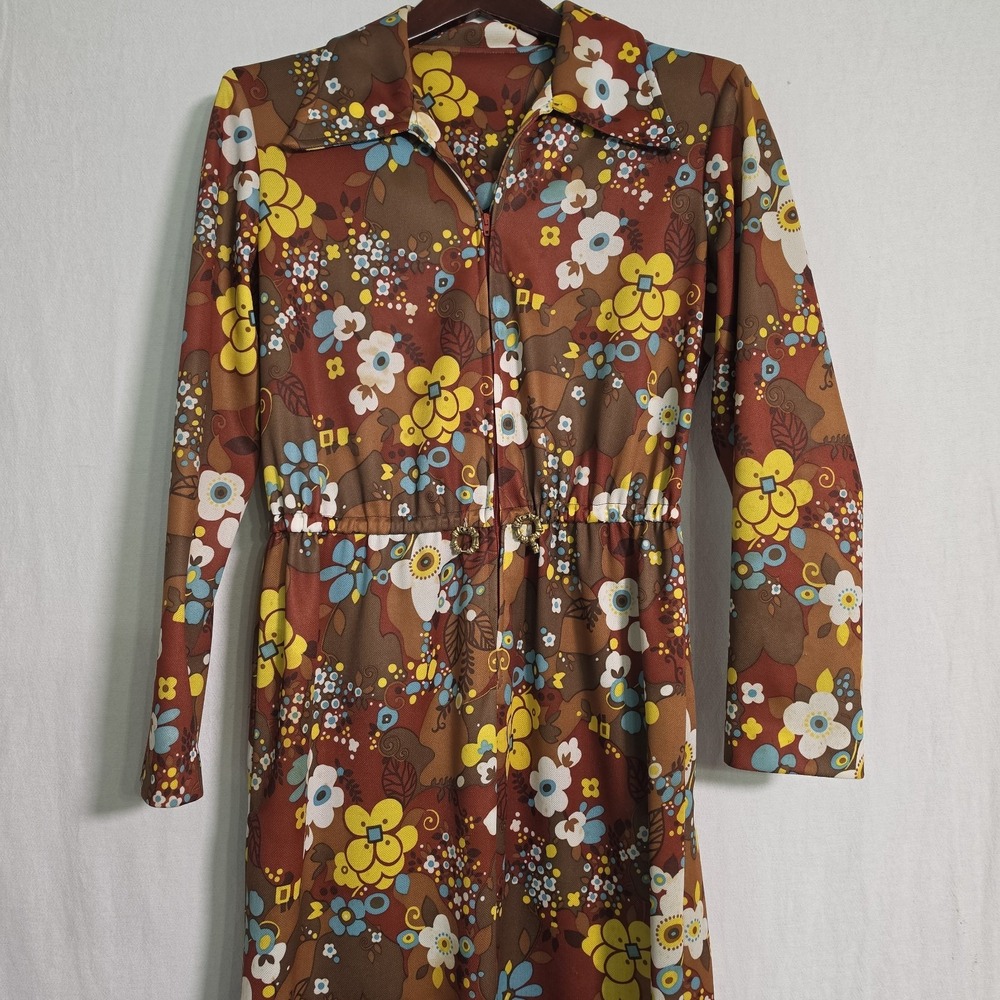 Vtg 70s Psychedelic Retro Floral Maxi Dress Brown Yellow Long Sleeve Zip Front